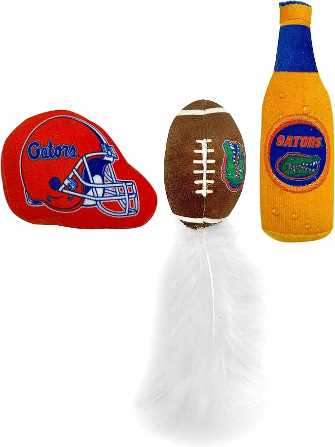 BEST PLUSH CAT TOY - NCAA FLORIDA GATORS Complete Set of 3 piece Cat Toys filled with Fresh Catnip. Includes: 1 Helmet Cat Toy, 1 Football Cat Toy with Feathers & 1 Beer Bottle. Beautiful Team LOGOS