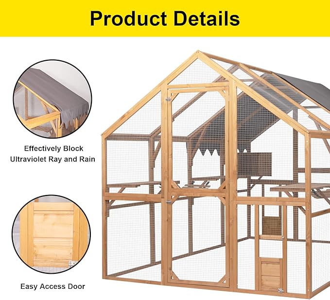 110 Inch Large Wooden Catio Outdoor Cat Enclosure w/ 2 Napping Houses, Luxury Pet-House with Jumping Platforms & Weatherproof Roof, Walk-in Kitty Kennel Condo Shelter