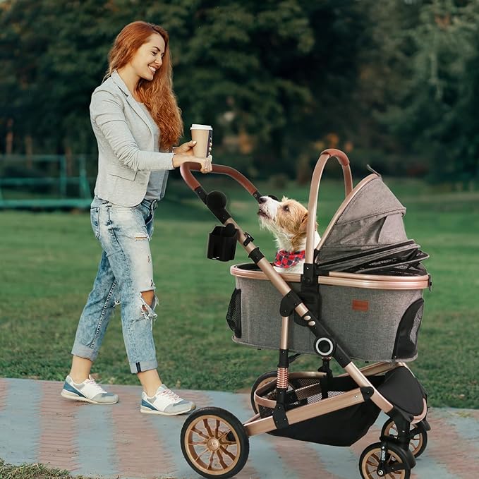 Pet Stroller with 4 Wheels, Foldable Pet Travel Carrier for Small/Medium Dogs Cats up to 50lbs, Detachble Portable Pet Bag, Storage Basket, 3 in 1 Multifunctional