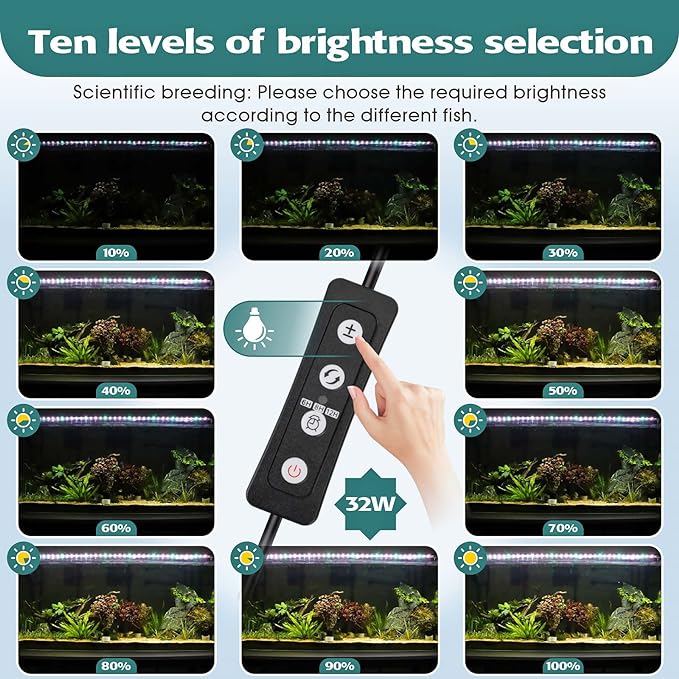 hygger 32W Full Spectrum Aquarium LED Light with 10 Levels of Brightness, White Blue Red Green LEDs,6H8H12H Timer,RGB Light for 46-54IN Freshwater Fish Tank, Aquatic Plants Tropical Ornamental Fish