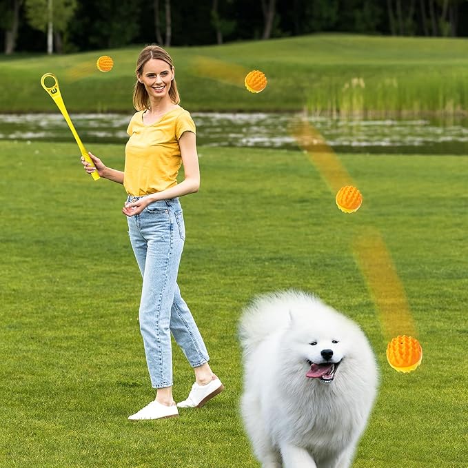 Dog Ball Thrower launcher Interactive Dog Toy with Vocal Cue Ball includes 6.2CM(2.44") Medium Herding Ball & 49.3CM(19.4") Non-slip Handle Yellow