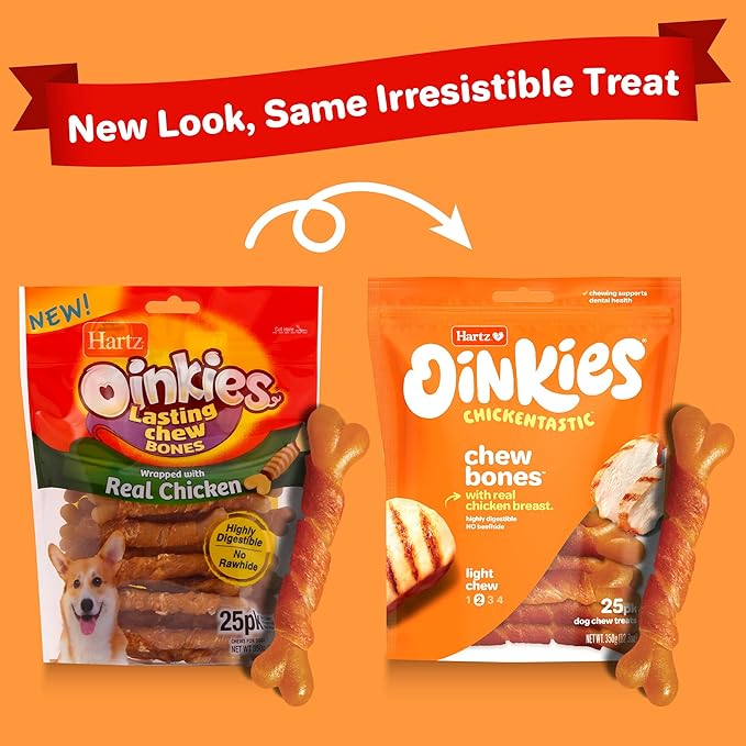 Hartz Oinkies Chickentastic Chew Bones Dog Treats with Real Chicken Breast, Long-Lasting Yet Highly Digestible, 25 Count