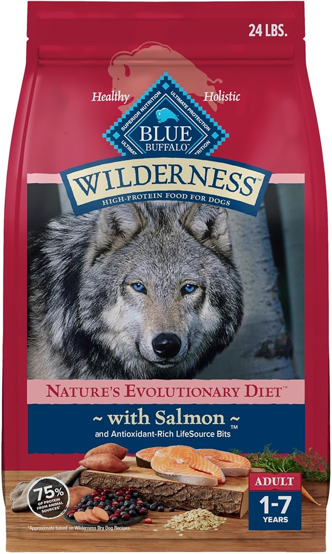 Blue Buffalo Wilderness Adult High-Protein Dry Dog Food, Made in the USA with Natural Ingredients, Salmon with Wholesome Grains, 24-lb. Bag