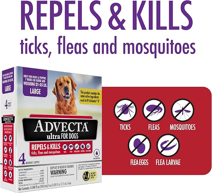 Ultra Flea And Tick Prevention For Dogs - Dog and Puppy Treatment and Control - Mosquito Repellent - Large, Fast Acting Waterproof Topical Drops, 4 Month Supply