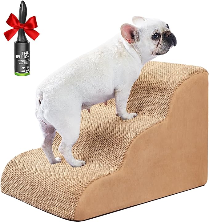 Ryoizen Dog Stairs for Small Dogs, Pet Stairs Tool for High Bed Couch, Dog Ladder as Puppy Stuff, 3 Tiers Non-Slip Pet Stairs with High Density Foam, Gifts Lint Roller for Dogs, Tan