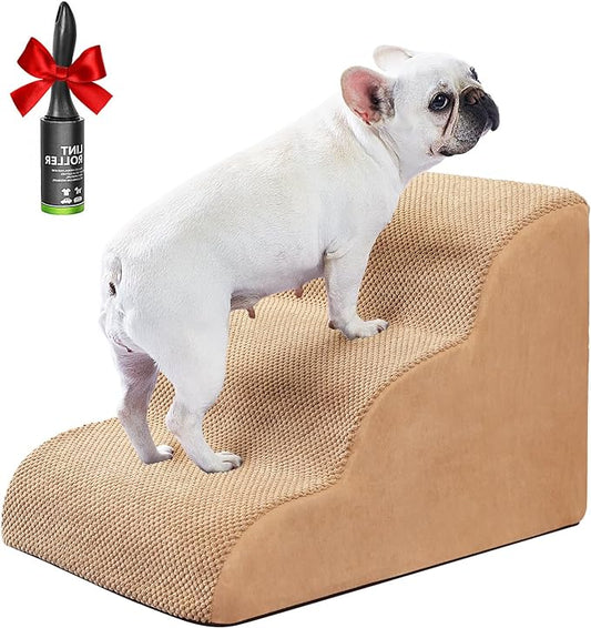 Ryoizen Dog Stairs for Small Dogs, Pet Stairs Tool for High Bed Couch, Dog Ladder as Puppy Stuff, 3 Tiers Non-Slip Pet Stairs with High Density Foam, Gifts Lint Roller for Dogs, Tan