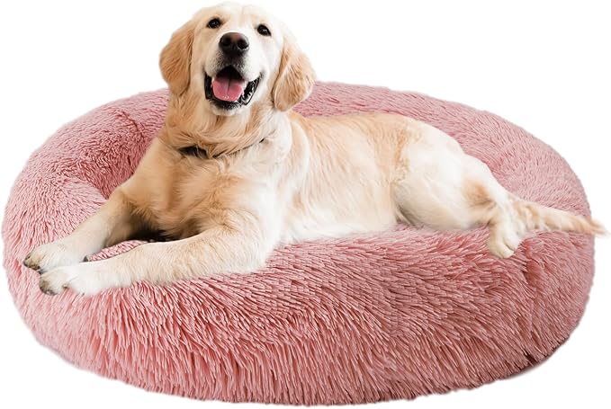 Aurako Cat Bed Dog Bed Round Cushion Pet Bed Mat Ultra Soft Plush Donut Sofa Comfortable Pillow Machine Washable Pet Cuddle Beds for Kitten Small Medium Large Dogs Cats 28" Rose Red