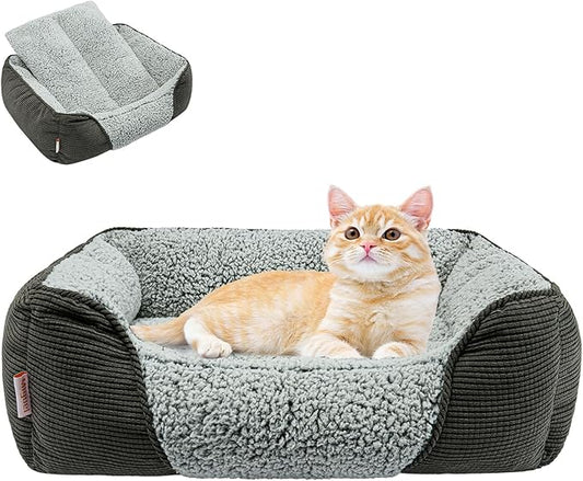 Miguel Washable Cat Beds for Indoor Cats with Removable Cushion, Easy to Wash Small Pet Sofa Bed with Side, Rectangle Bolster Kitten Bed Calming Cuddle Puppy Bed with Anti-Slip Bottom, Gray 20 Inch