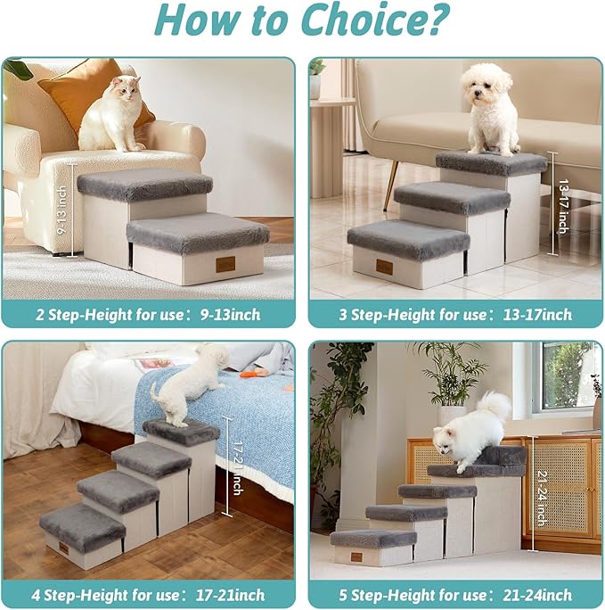 Dog Stairs for Bed with Storage 18" H, Small Dogs Foldable Ramp with Leakproof Fabric Cover, Cat Steps for Medium Bed, Couch and Sofa, Lightweight, Comfort, 33x13x17.71in, Grey, 4 Tiers