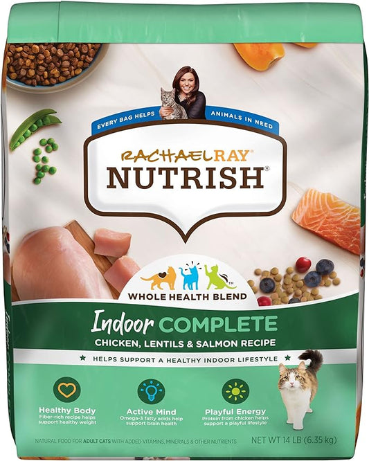 Rachael Ray Nutrish Indoor Complete Premium Natural Dry Cat Food with Added Vitamins, Minerals & Other Nutrients, Chicken with Lentils & Salmon Recipe, 14 Pounds (Packaging May Vary)