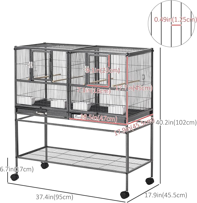 PawHut Divided Breeder Bird Cage with Rolling Stand Removable Metal Tray, Storage Shelf, Wood Perch, and Food Container