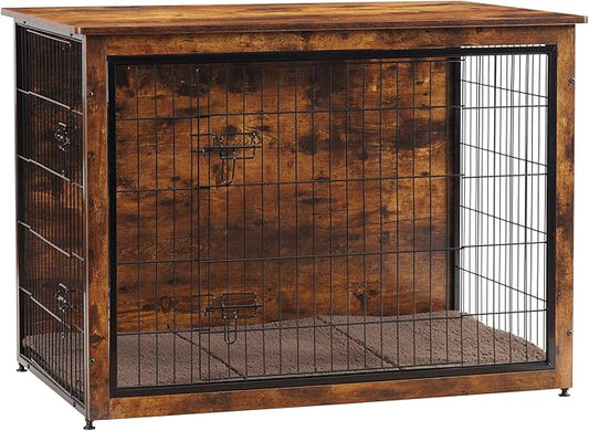 DWANTON Dog Crate Furniture with Cushion, XL Wooden Dog Crate with Double Doors, Large Dog Crate Furniture, Dog Kennel Indoor, Extra Large, 43.3" L, Rustic Brown