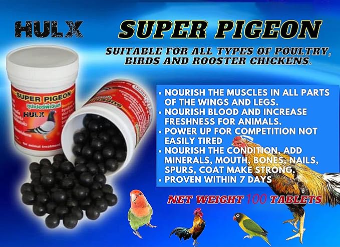 Super Pigeon 100 Tablets, Bird Booster & Rooster Booster Speed Vitamins Health Chicken Supplement Increasing Energy Flying, Muscle Bone, Reduce Cramp Feed All Poultry Fighting Gamecocks Hen Food