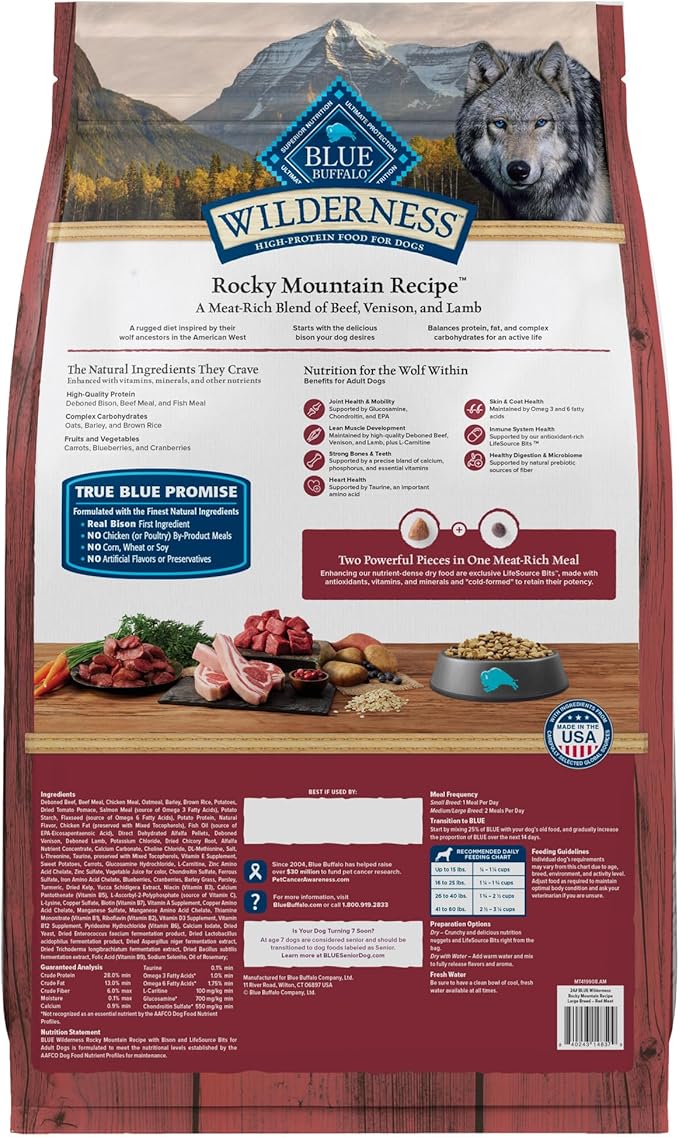 Blue Buffalo Wilderness Rocky Mountain Recipe High-Protein Large Breed Adult Dry Dog Food, Made in the USA with Natural Ingredients Plus Wholesome Grains, Red Meat, 24-lb. Bag