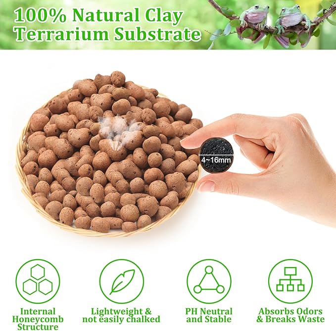 10LBS Expanded Clay Balls Terrarium Substrate for Reptiles - 100% Organic Lightweight Clay Pebbles Substrate Frogs False Bottom Substrate, Bioactive Terrarium Substrate for Drainage and Moisture