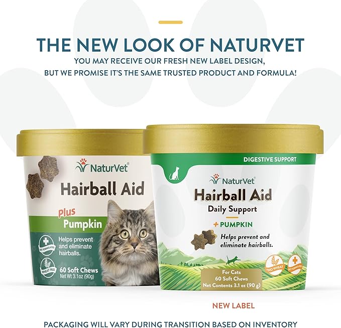 NaturVet – Hairball Aid Supplement for Cats - Plus Pumpkin – Helps Eliminate & Prevent Hairballs – 60 Soft Chews