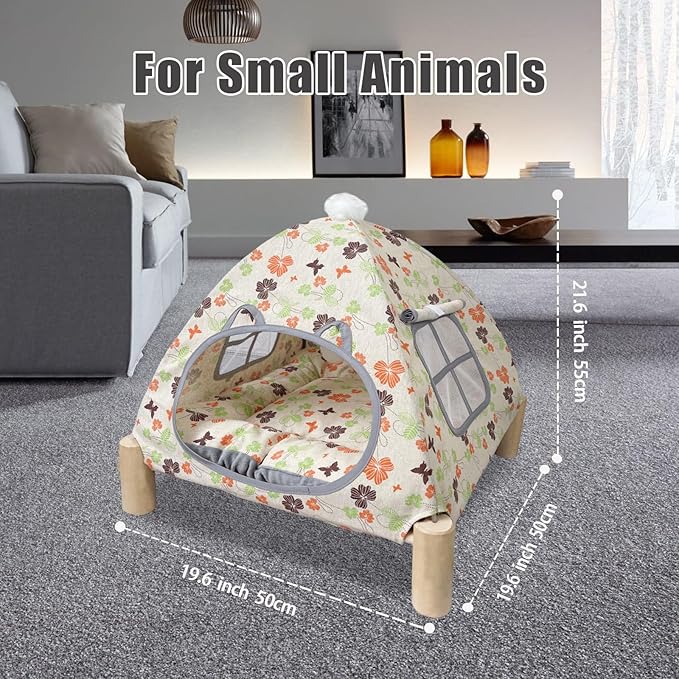 Pozico 2 in 1 Cat Bed Tent Wooden Frame Cat Teepee Cat Hammock, Quick Assembly and Disassembly, Portable Indoor/Outdoor Pet Dog Tent House for Cats Puppies Small Animals:Flowers Leaves Tent