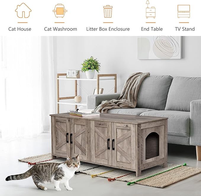 Cat Litter Box Enclosure for 2 Cats, Litter Box Furniture Hidden with Double Room,Wooden Cat Washroom Furniture,Cat House,47.2”L x 19.7”W x 19.7”H,Greige