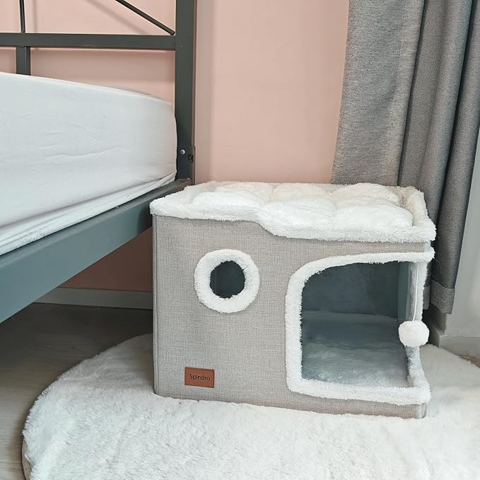 Large Cat Cave Bed for Indoor Cats, Cats Cube House with Scratch Pad Cat Condo Hideaway Tente Hut with Washable Sherpa Warm Soft Cat Mat, Cute Cat Beds Furniture, Modern Dog Bed,Beige