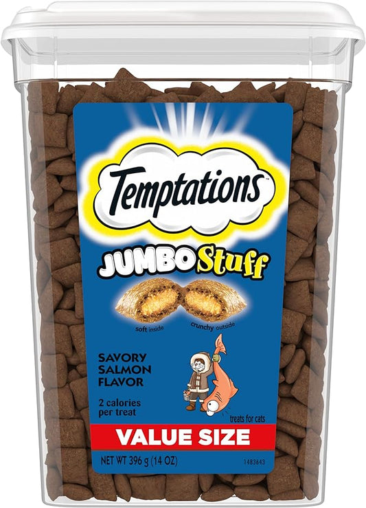 Temptations Jumbo Stuff Crunchy and Soft Cat Treats Savory Salmon Flavor, 14 oz. Tub