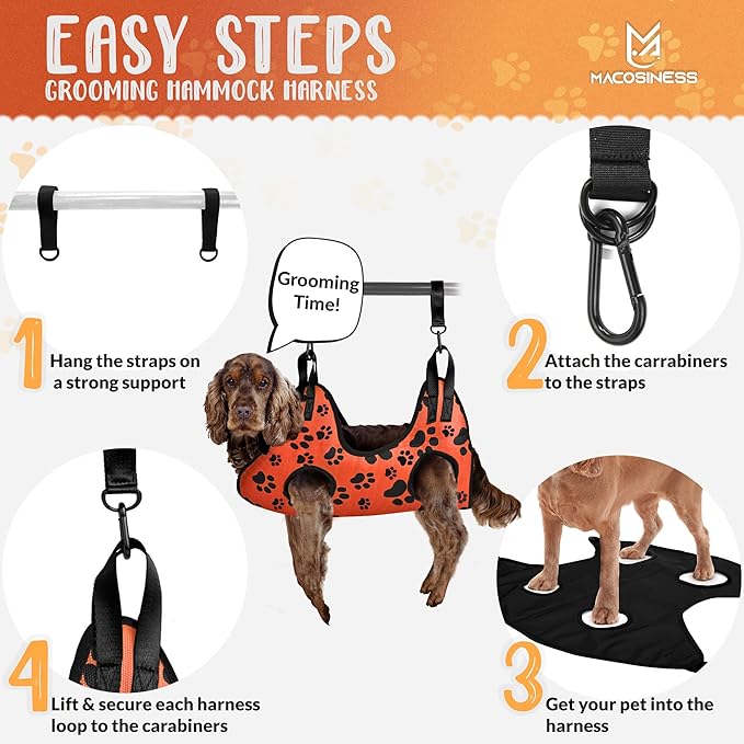 Pet Grooming Hammock for Nail Trimming - Complete Groomers Helper Set for Pet - Dog Grooming Hammock with Hook - Cat Nail Clipper - Dog Hammock for Nail Clipping (L, Orange with black paws)