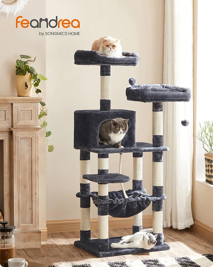 FEANDREA Cat Tree, Cat Tower for Indoor Cats, 56.3-Inch Cat Condo with Scratching Posts, Hammock, Plush Perch, Smoky Gray UPCT15GYZ