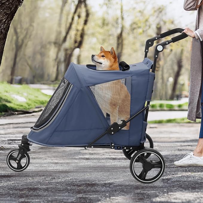 MoNiBloom Pet Stroller for Large Dogs or Multiple Dogs Cats with Adjustable Handle, 3-Wheels Dual Entry Portable Dog Carting Easy Folding Pet Wagon Double Dog Stroller up to 55 lbs, Navy Blue