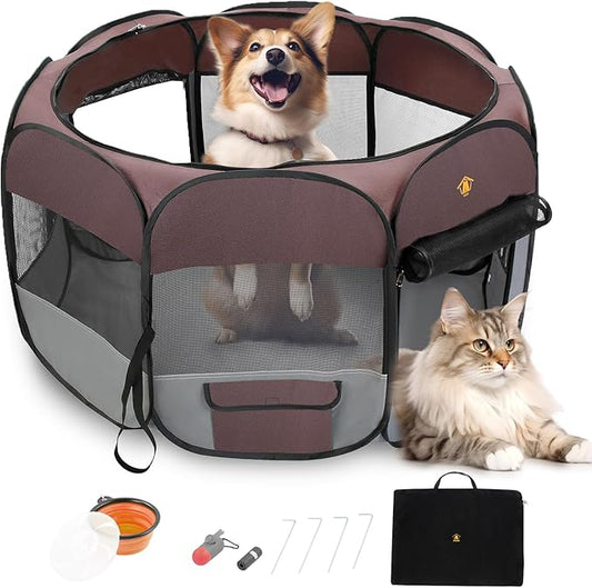 Portable Pet Dog Playpen, 45'' Foldable Pop Up Pet Puppy Dog Playpen for Large Dogs Cats, Kitten Playpen Tent for Indoor/Outdoor Use, with Waterproof Bottom Pad and Shade Top Cover. Brown