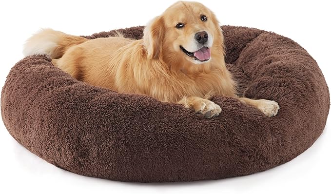 Bedsure Calming Dog Bed for Extra Large Dogs - Donut Washable Large Pet Bed, Anti-Slip Round Fluffy Plush Faux Fur Dog Bed, Fits up to 125 lbs Pets, Brown, 45 inches