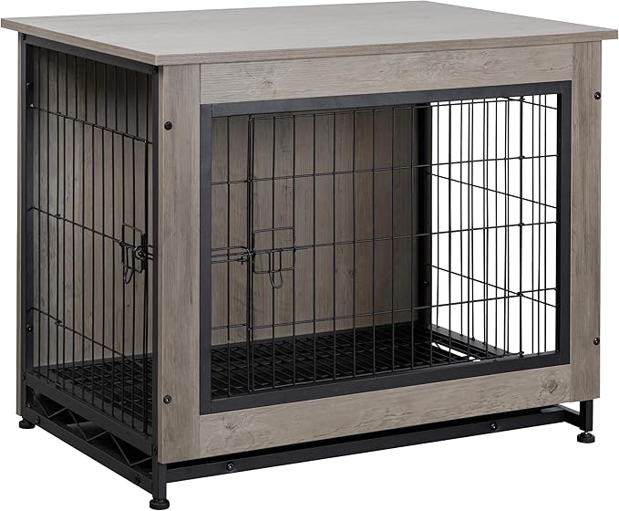 Shintenchi Wooden Dog Crate Furniture for Large Dog, L Double-Door Kennel Indoor with Removable Tray, End Table L Dog Crate for Decoration, 38" L*25" W*26" H, Grey