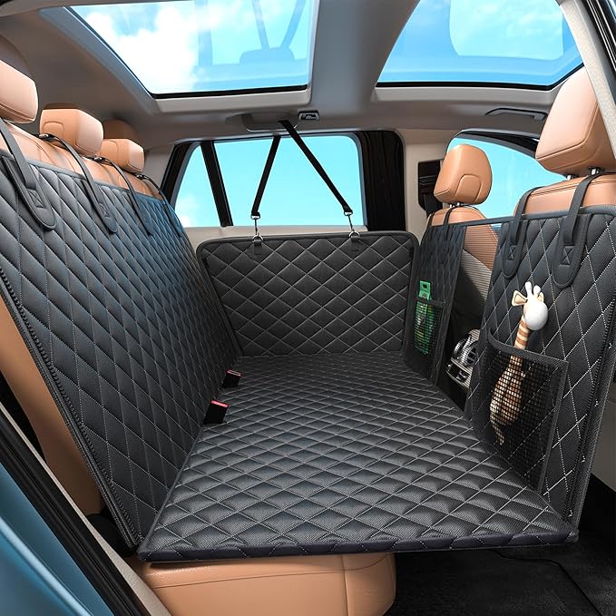 Dog Car Seat Cover for Back Seat, Waterproof Back Seat Extender for Dogs Supports 400lbs, Hard Bottom Dog Car Seat Cover with Mesh Window and Storage Pocket for Car SUV