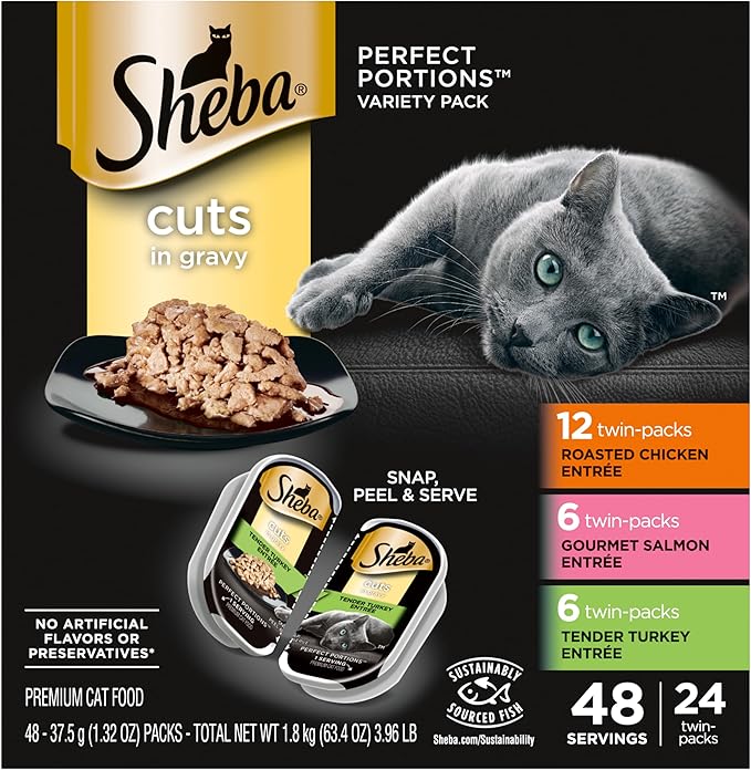 SHEBA Perfect Portions Cuts in Gravy Wet Cat Food Trays, Roasted Chicken, Gourmet Salmon and Tender Turkey Entrée Variety Pack, Easy Peel Twin-Pack Trays, 1.32 Ounce (Pack of 48)