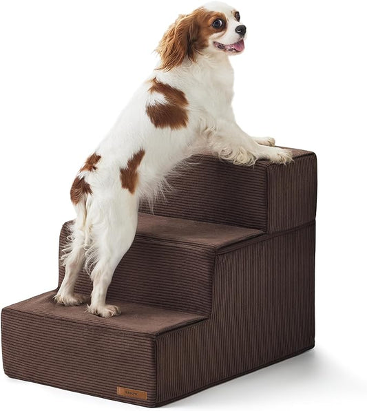 Lesure Dog Stairs for High Beds, Extra Wide Pet Stairs, 3-Steps Dog Steps for Medium/Small Dogs and Old Cats, Foldable Dog Steps with CertiPUR-US Certified Foam and Non-Slip Bottom, Brown