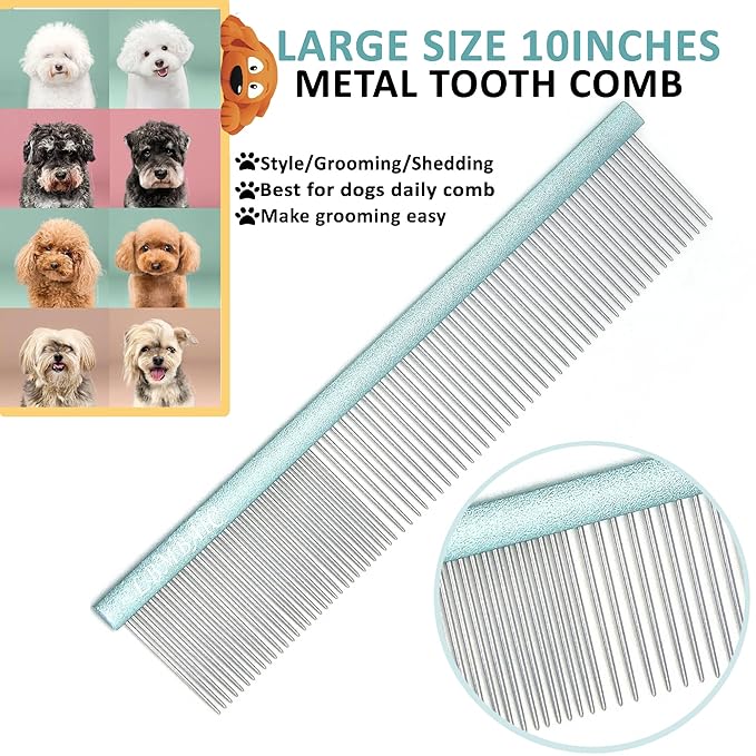 10inches Large Dog Grooming Comb for Shedding Matted Hair for Large Dogs Metal Dog Comb with Long Wide Tooth Comb for Poodles and Goldendoodles Reduce Tangles,Mats and Knots.(Blue)