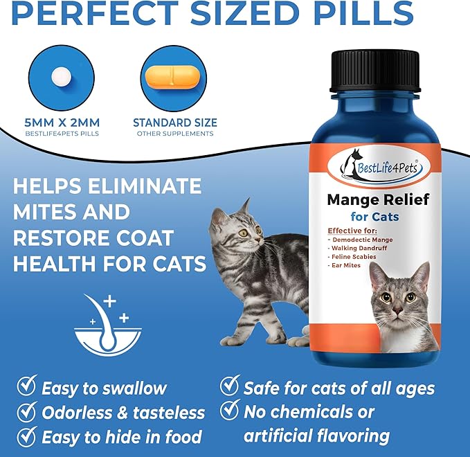 BestLife4Pets 2 Packs Demodectic Mange and Scabies Relief for Cats - Ear Mites & Itch Relief Supplements for Cat Itching Relief - Restores Healthy Feline Coat and Skin - Easy to Use Natural Pills