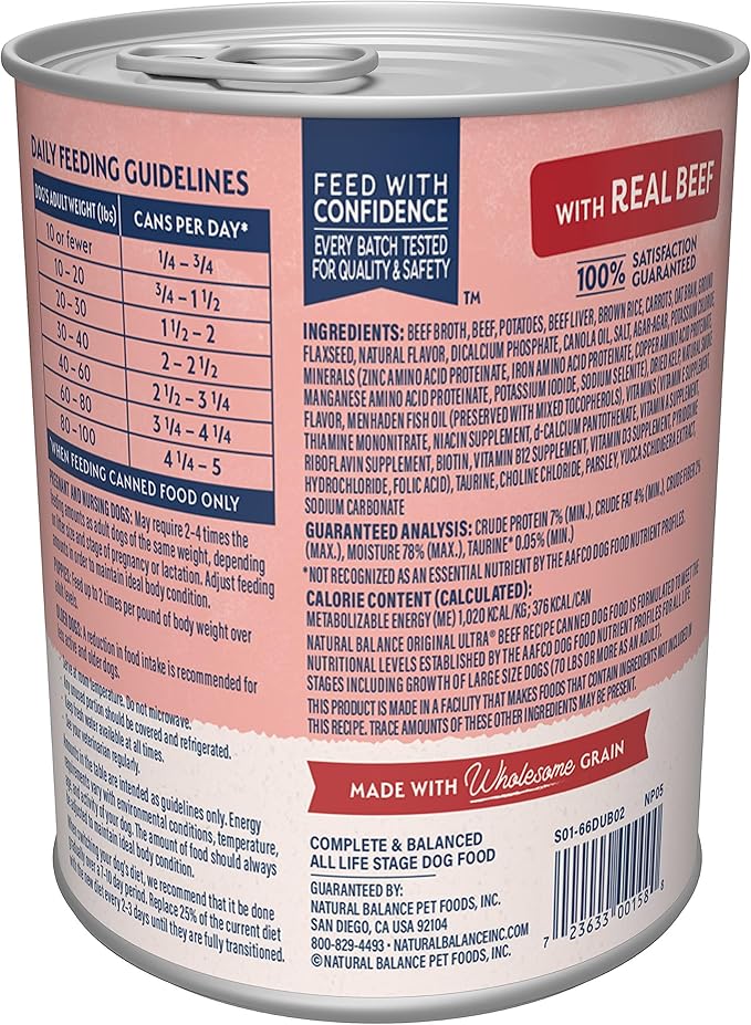 Natural Balance Ultra Premium Wet Dog Food, Beef Formula with Potatoes, Carrots & Brown Rice, 13 Ounce Can (Pack of 12)