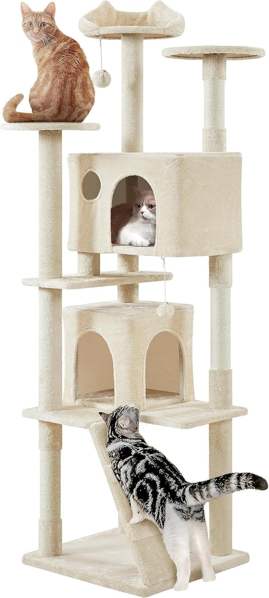 Yaheetech XL Cat Tree, 80in Multi-Level Cat Tower w/Cat Scratching Posts, Double Cat Condo, Perched Platforms and Dangling Balls, Cat Stand House for Kittens Pet, Beige