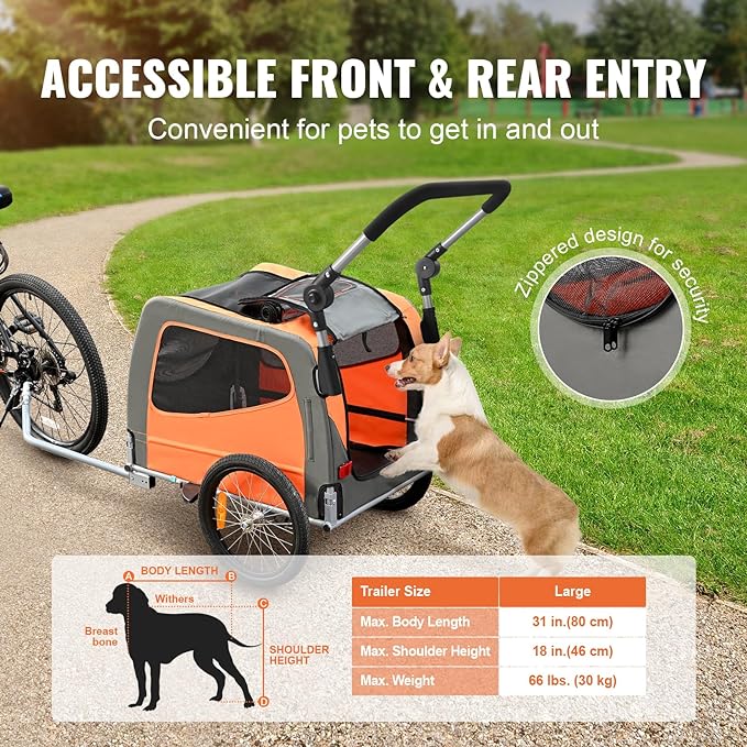 VEVOR Dog Bike Trailer, Supports up to 66/88/100 lbs, 2-in-1 Pet Stroller Cart Bicycle Carrier, Easy Folding Cart Frame with Quick Release Wheels, Universal Bicycle Coupler, Reflectors, Flag