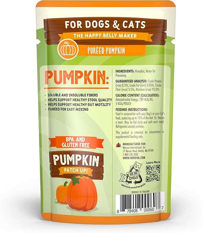 Weruva Pumpkin Patch Up! Pumpkin Puree Pet Food Supplement for Dogs & Cats, 1.05oz Pouch (Pack of 12)