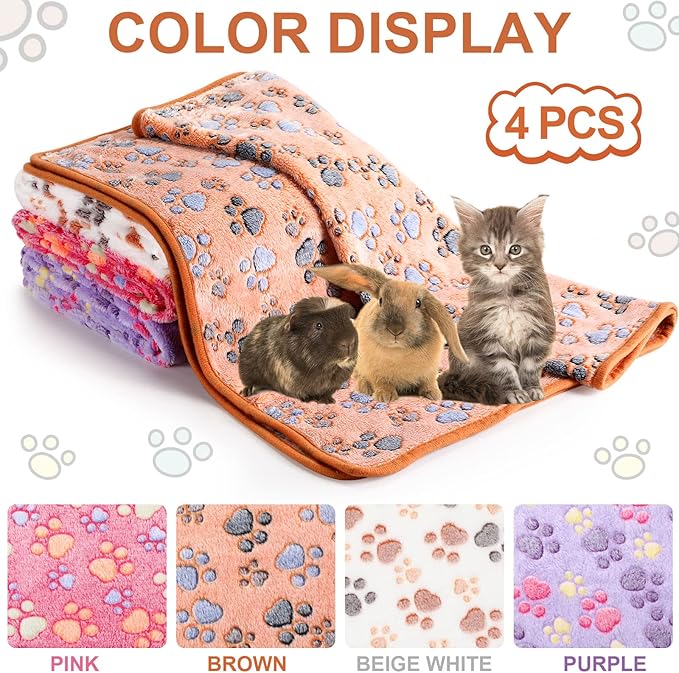 4 Pcs Pet Blanket Dog Puppy Blanket Paw Print Fleece Blanket for Small Medium Pet Dog Cat Warm Soft Sleep Mat Guinea Pig Cage Liners Blanket (White, Coffee, Pink, Purple,Midwest (24 x 47 Inch))