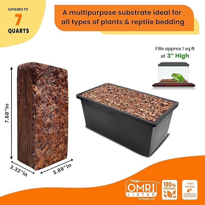 Coco Husk Chips Brick 1.1lb Expands Upto 7 Quarts Coconut Coir Chip, Best Mulching Medium for Plants Gardening, Potting Soil Mix, Orchid Bark Alternative - OMRI Certified, Low EC, Balanced pH