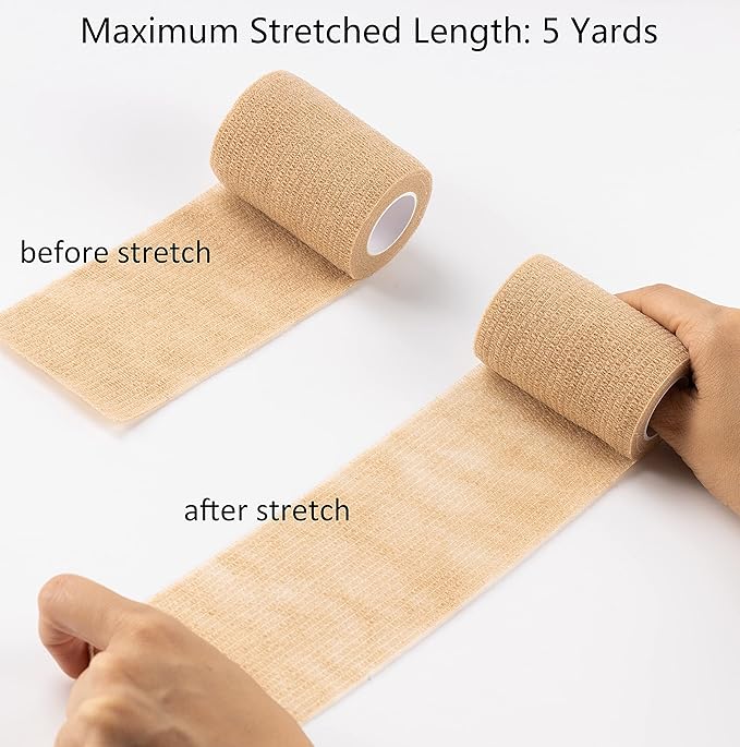 12 Pack Cohesive Bandage Tape, Self Adherent Vet Wrap, 4Inch Elastic Bandage, Flexible Athletic Self Adhesive Bandage Wrap for Handle Grip, Sports (Beige)