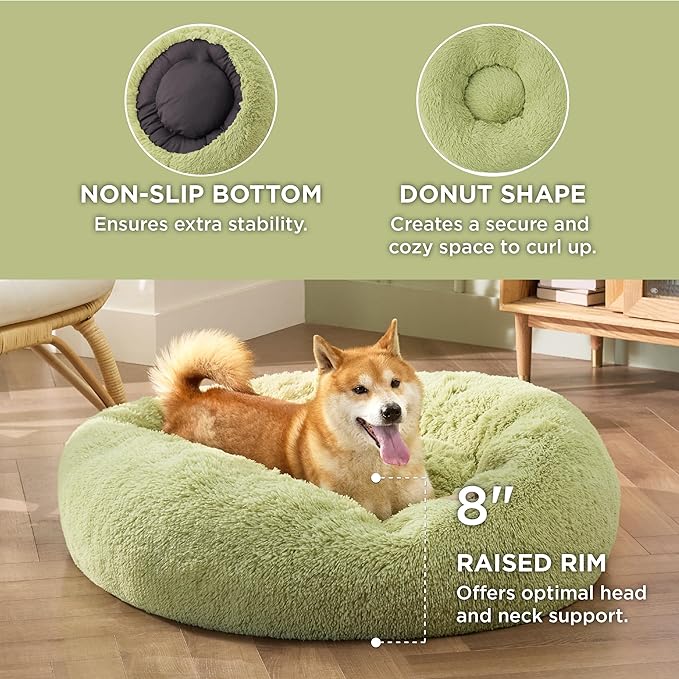 Bedsure Calming Dog Bed for Medium Dogs - Donut Washable Medium Pet Bed, Anti-Slip Round Fluffy Plush Faux Fur Cat Bed, Fits up to 45 lbs Pets, Green, 30 inches