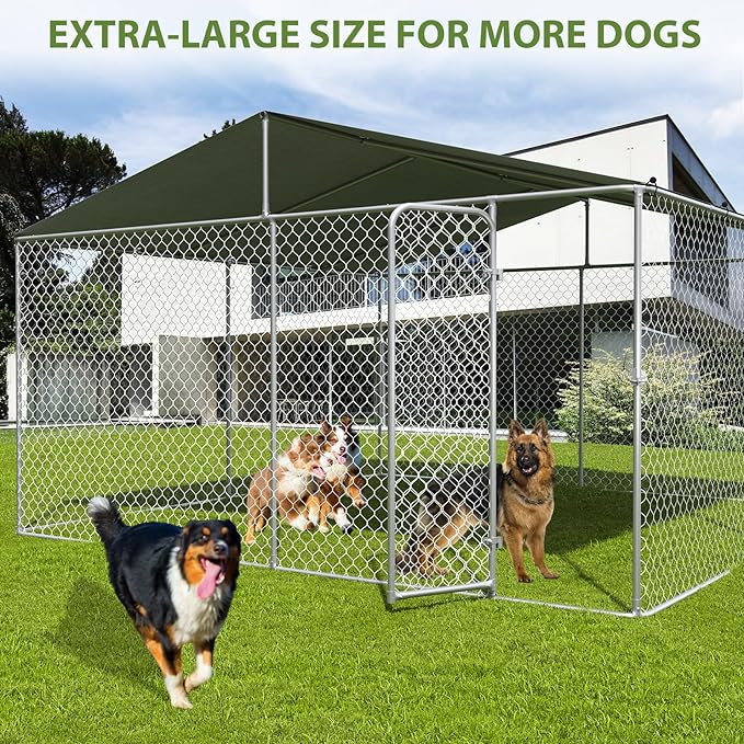 13x13 Extra Large Outdoor Dog Kennel, Dog Kennel Outside with Roof, Heavy Duty Dog Run Fence with Anti-UV & Waterproof Cover and Lockable Door, Covered Dog Playpen for Large Dogs