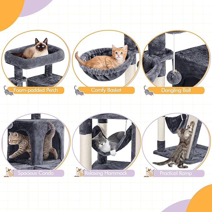 Yaheetech Cat Tree Cat Tower, 40-Inch Cat Condo with Oversized Soft Platform, Scratching Board, Basket and Hammock, Cat Furniture for Kittens Cats Pets, Dark Gray