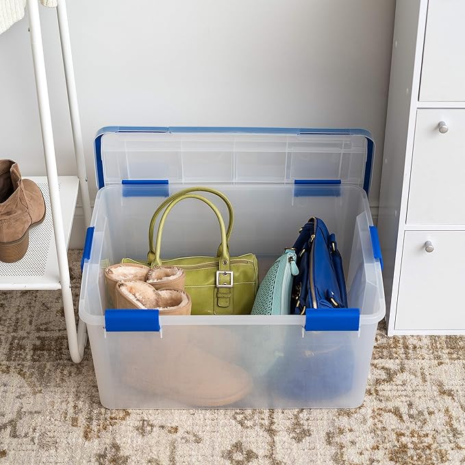 IRIS USA 60 Qt Storage Box with Gasket Seal Lid, 3 Pack - BPA-Free, Made in USA - Heavy Duty Moving Containers with Tight Latch, Weather Proof Tote Bin, WEATHERPRO - Clear/Blue