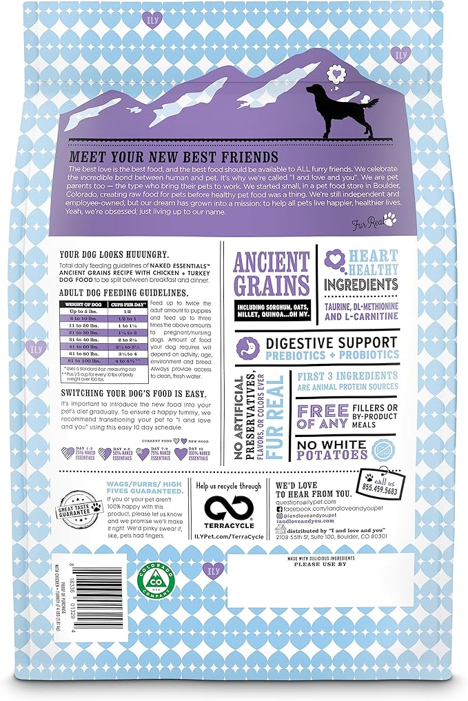 I and love and you Naked Essentials Ancient Grains Dry Dog Food - Chicken + Turkey - High Protein, Real Meat, No Fillers, 4lb Bag