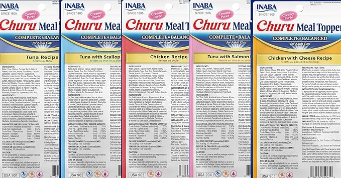 INABA Churu Meal Topper for Cats, Complete & Balanced, Creamy, Lickable Purée Cat Food Topper, 0.5 Ounce Tube, 20 Tubes (4 per Pack), 5 Flavor Variety Pack