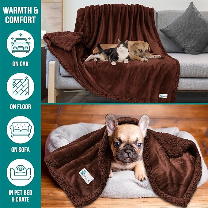 PetAmi WATERPROOF Dog Blanket for Bed, XL Dog Pet Blanket Couch Cover Protector, Sherpa Fleece Leakproof Blanket for Crate Kennel Sofa Furniture Queen Bed Protection Reversible Soft 90x90 Brown Brown