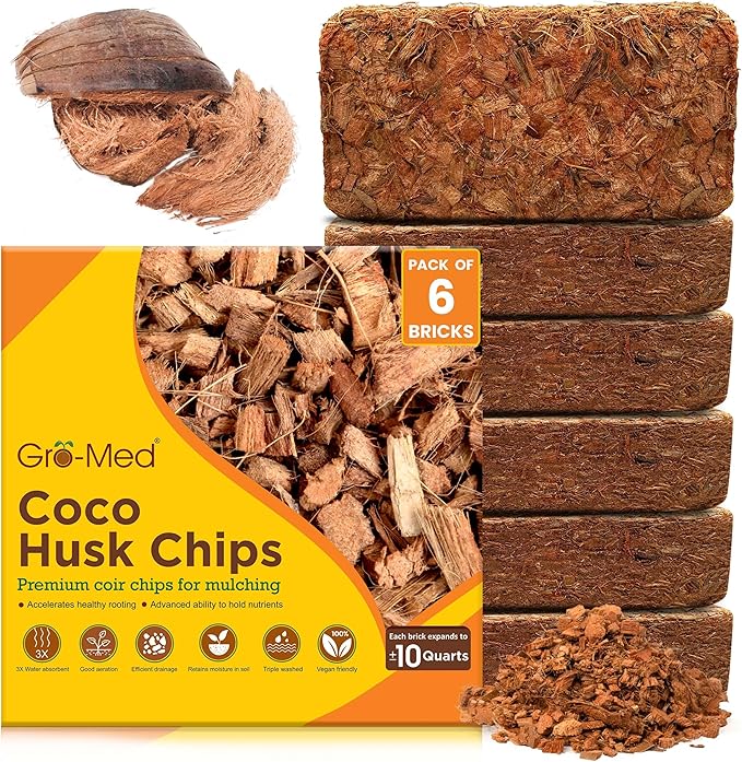 Coco Husk Chips Brick 6-Pack Expands Upto 42 Quarts Coconut Coir Chip 6.6lb, Best Mulching Medium for Plants - Gardening Potting Soil Mix, Orchid Bark Alternative - OMRI, Low EC, Balanced pH